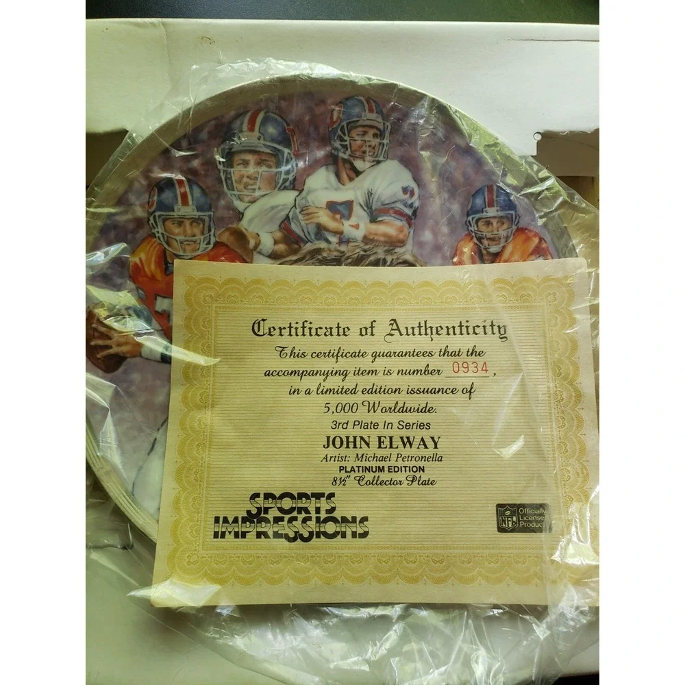 John Elway Sports Impressions Plate NFL 3rd Plate In Series Platinum Edition COA